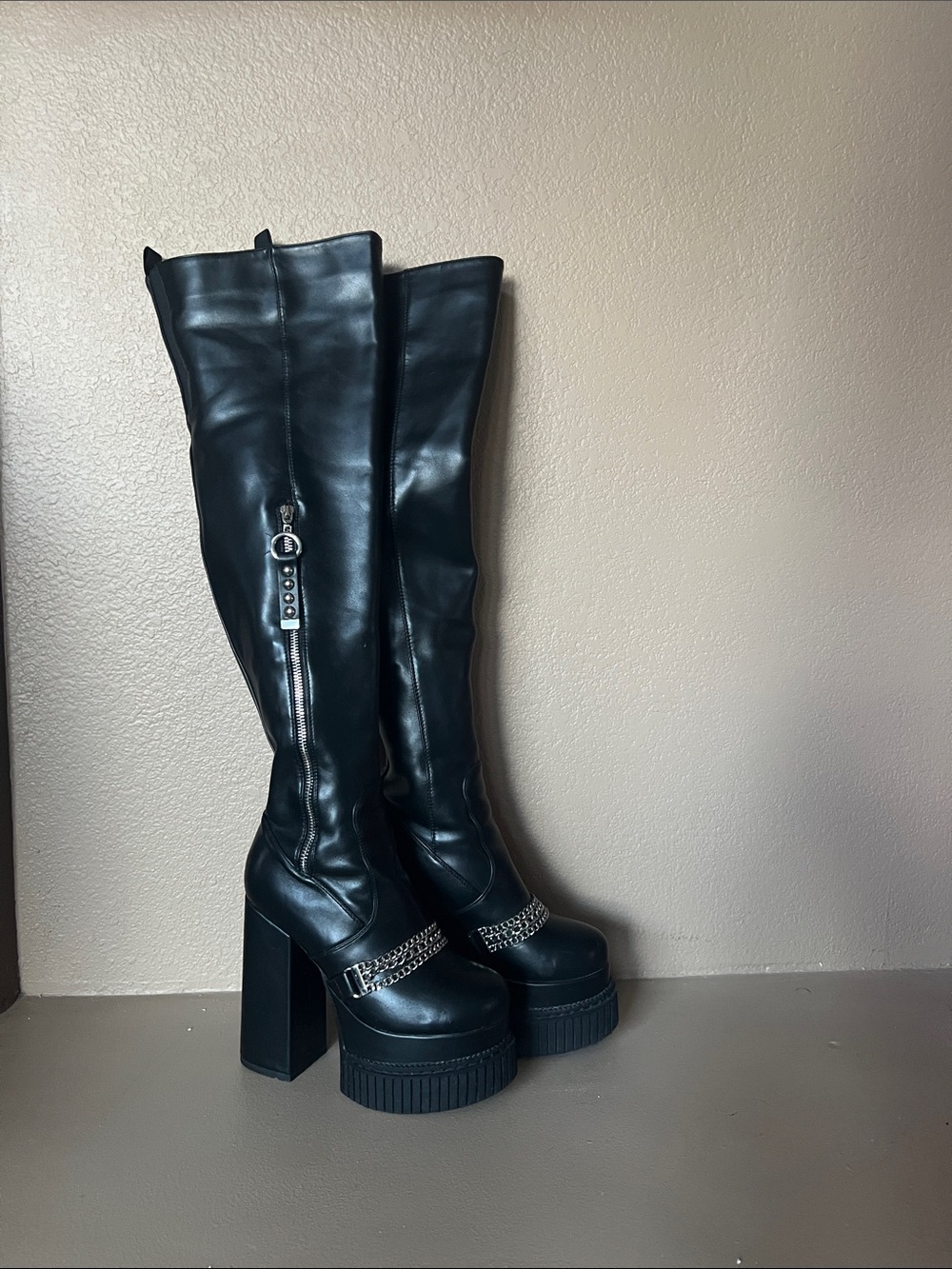 LAMODA moto grunge thigh high round toe platform chain zipper boots
